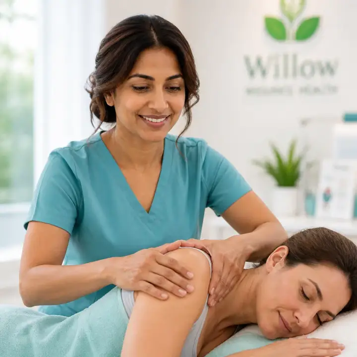 Therapist performing focused soft-tissue therapy on a patient’s back in a calm treatment room