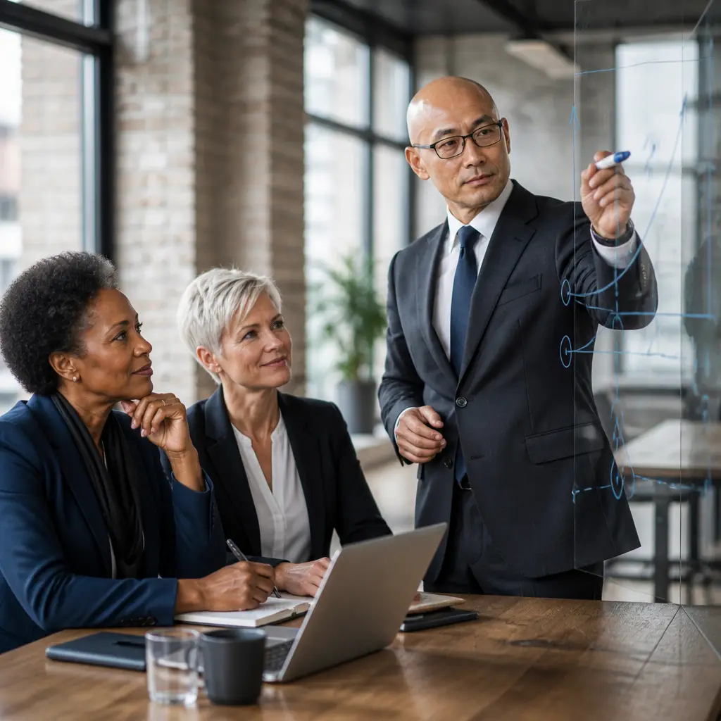 Consultant walking a client team through a revenue growth chart