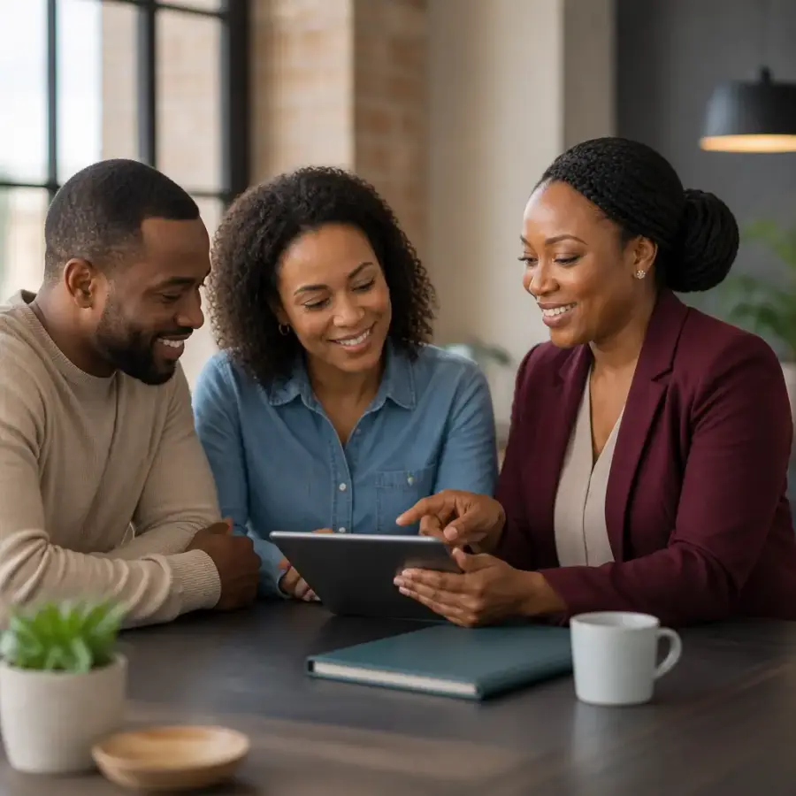 Nymble advisor reviewing a coverage summary with two clients on a tablet