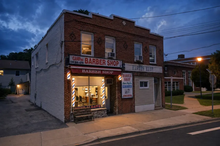 Urban Fellow Barbershop & Shave Parlor in Providence at dusk — windows glowing, barber poles lit