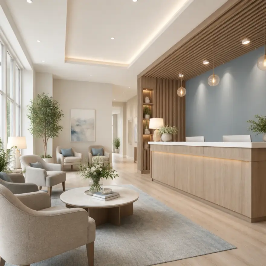 Calm consultation lounge at the clinic with soft daylight