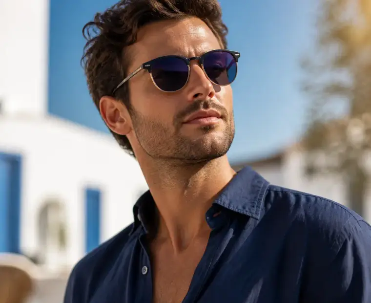 Man outdoors in sunlight wearing prescription sunglasses