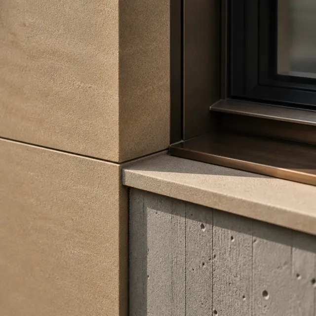 Junction of honed sandstone, board-formed concrete, and a bronze reveal