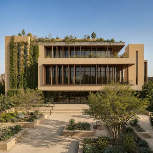 Sandstone residence with planted roof terraces and deep-set glazing