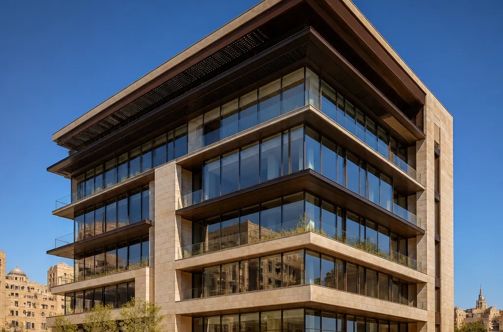 Mid-rise workplace building with deep bronze sunshades under a clear desert sky