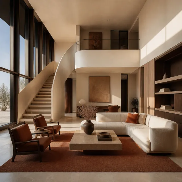 Double-height living room with sculptural stair and filtered desert light