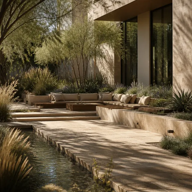 Travertine courtyard with water channel, sunken lounge, and desert planting