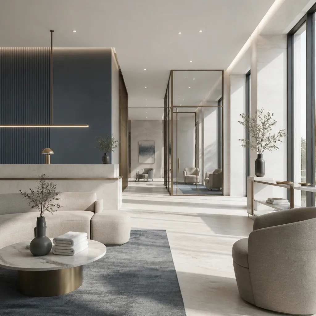 The calm porcelain-and-oak consultation lobby at MDW Aesthetics Miami