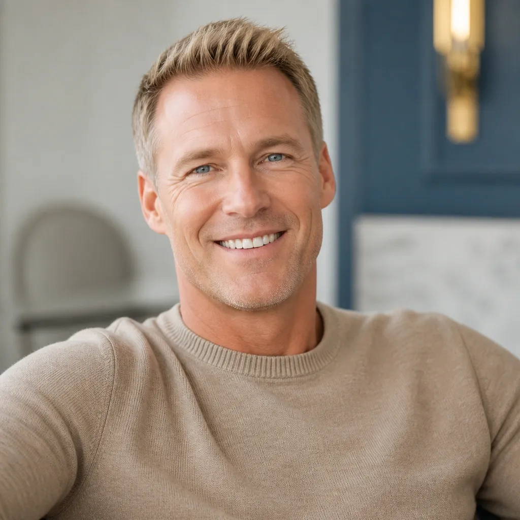 Male patient after upper eyelid surgery, smiling in the lounge