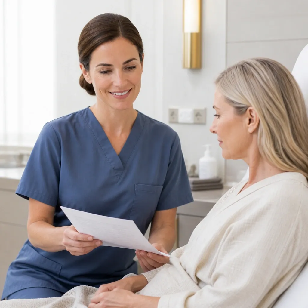 Patient in a private recovery room reviewing aftercare with a nurse