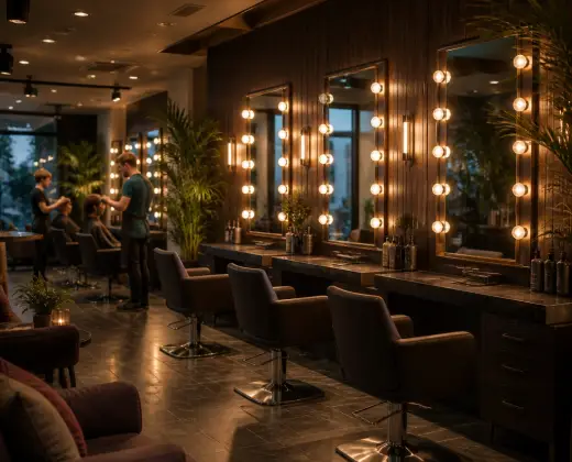 The salon floor at dusk — leather chairs and brass-lit mirrors