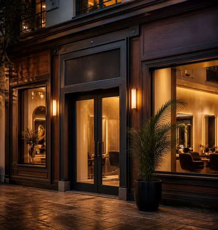 The salon’s dark timber storefront glowing at dusk