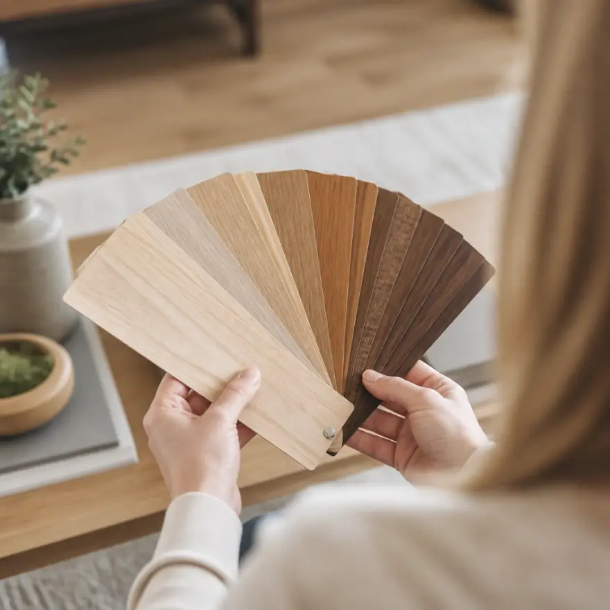 Fan of real flooring material samples laid out for a homeowner consult
