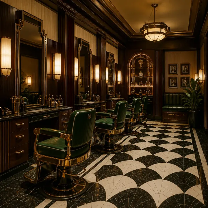 The Speakeasy barber lounge shop floor — dark walnut panelling, brass fittings, and green leather chairs