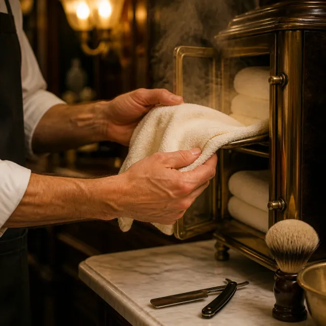 Hot towels being drawn from a brass towel steamer