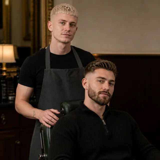 A client with a finished cut and beard beside his barber