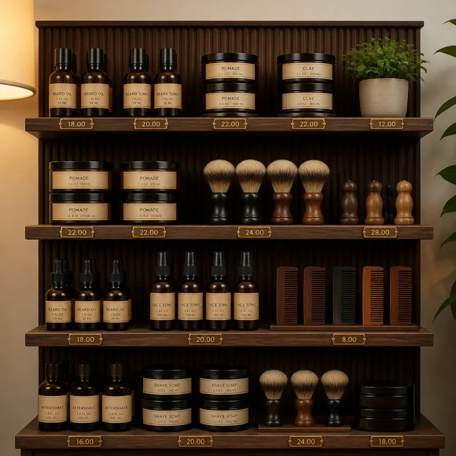 Shelves of grooming products with brass price plates