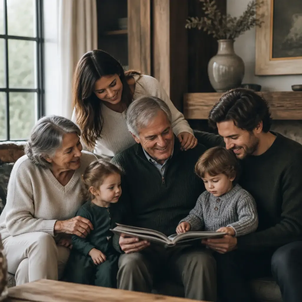 Three generations of a family gathered over a single document