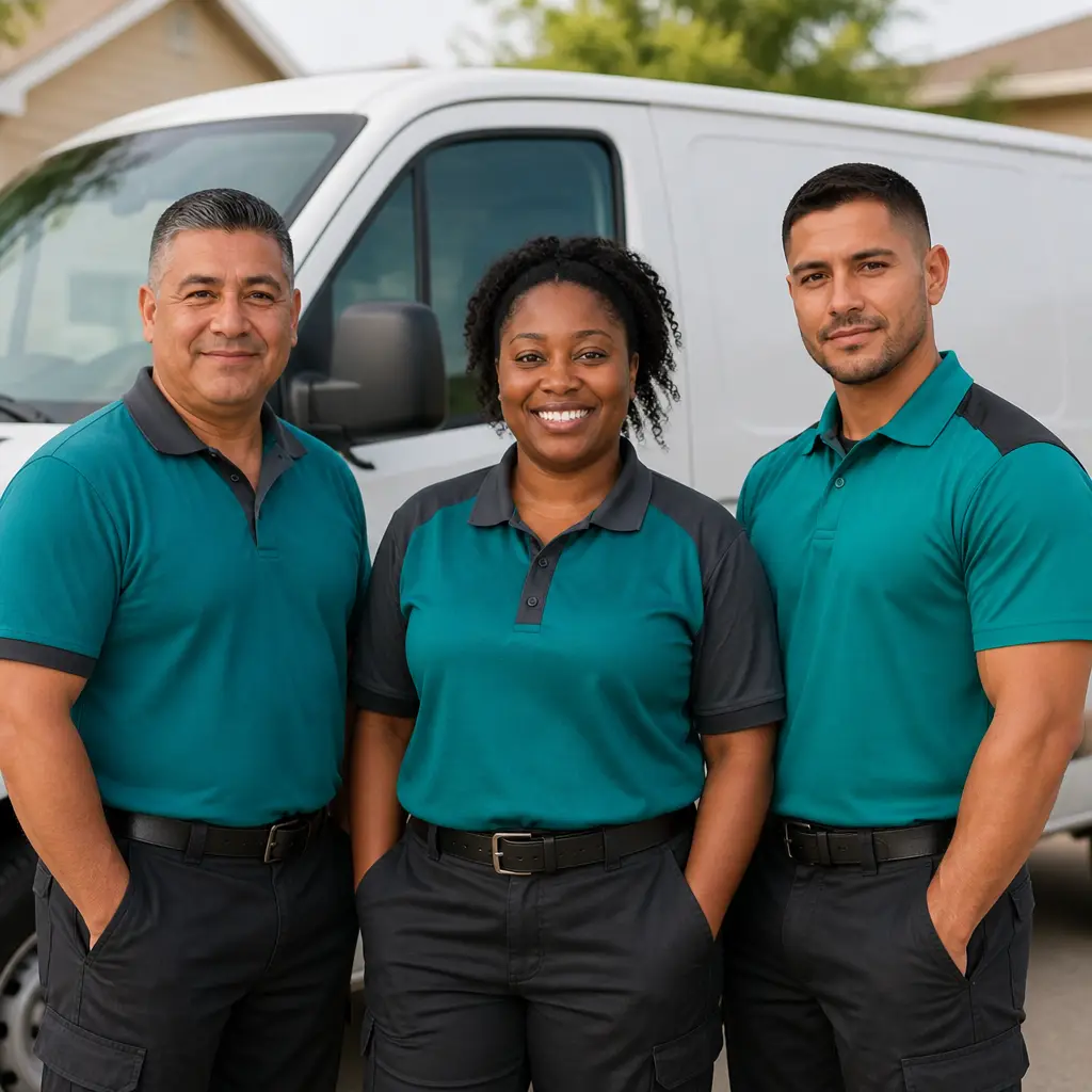 The three-person Smith Brothers Heat and Air crew standing together outside the shop on Linwood Blvd