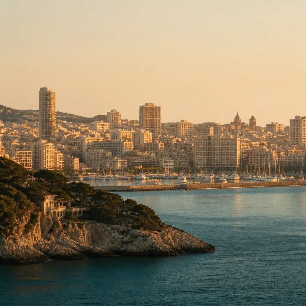 Golden-hour view over a coastal city, harbor, and hillside homes
