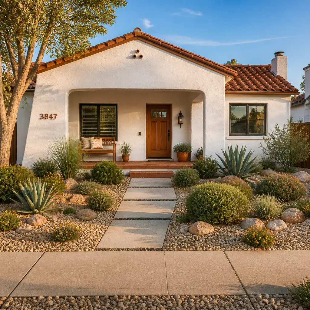 Spanish revival home with tiled roof and front garden